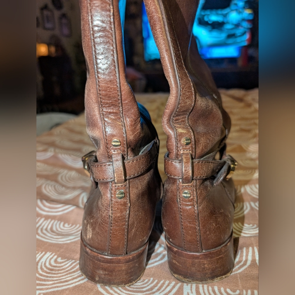 Tory Burch Women's Coconut Brown Leather MARLENE Riding Boot Sz 7.5 M Logo - Picture 9 of 15